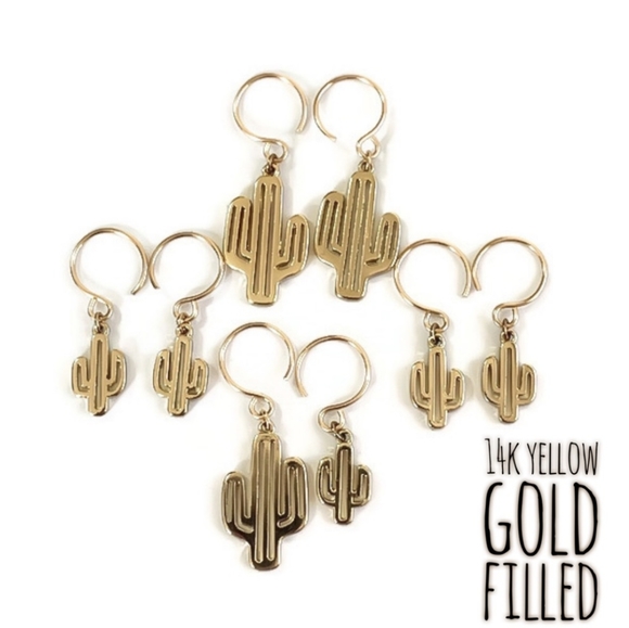 14k Small Cactus Dangling Earrings - Picture 2 of 5